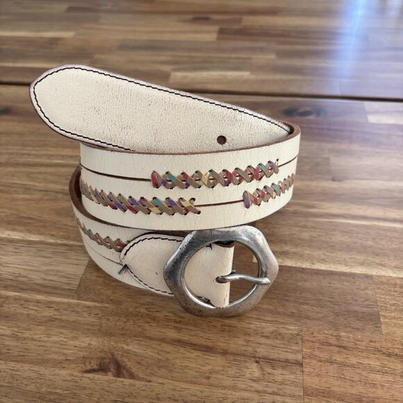 VTG Lucky Brand Leather Belt Womens L Flower Buckle Y2K Boho Southwestern Navajo - Picture 10 of 16